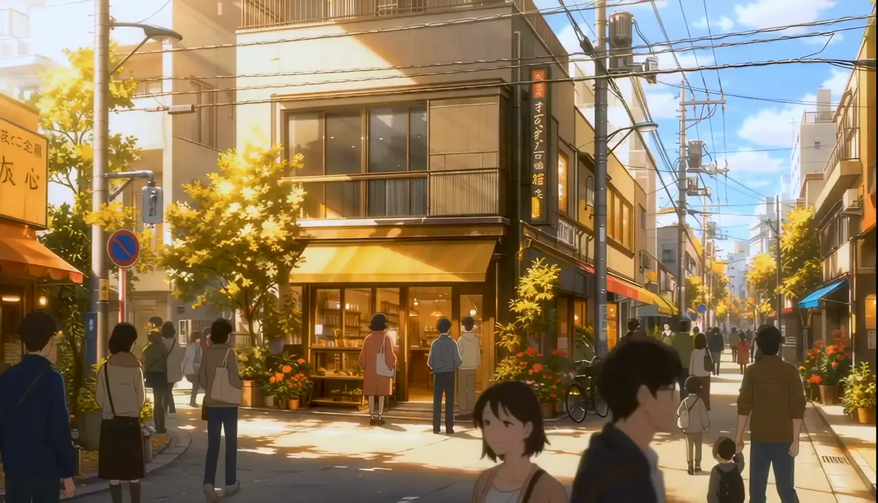 Web制作CMの一場面。色がよみがえった商店街に人が集まっている